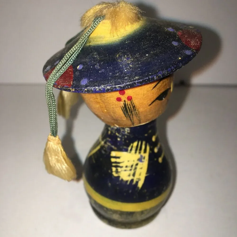 Set Of 3 Vintage Kokeshi Japanese Wood Bobble Head Dolls